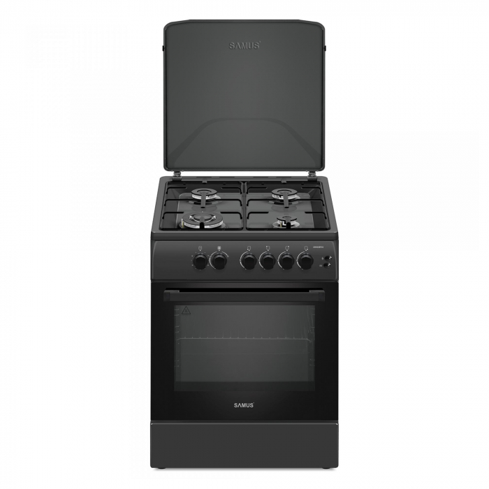 Aragaz cu cuptor pe gaz, 4 arzatoare, timer, 60 x 60 cm, aprindere electrica, grill pe gaz, Antracit, Samus [1]