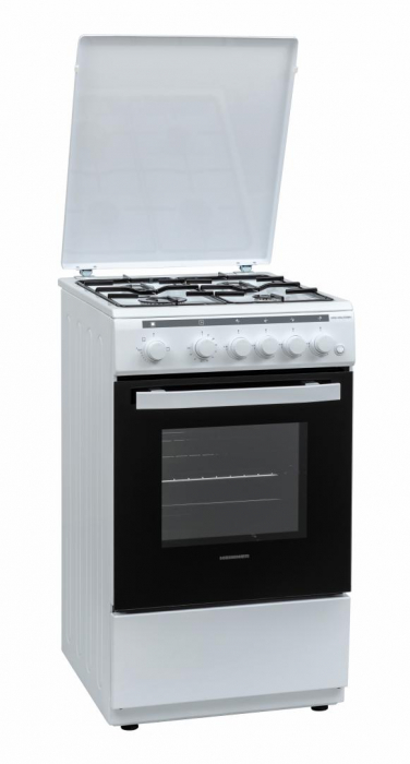 Aragaz cu cuptor pe gaz, 4 ochiuri, 50 x 60cm, duze GPL incluse, sertar vase, lumina cuptor, aprindere electrica, alb, Heinner [1]