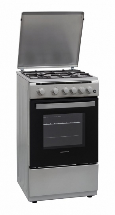 Aragaz cu cuptor pe gaz, 4 ochiuri, 50cm, duze GPL incluse, lumina cuptor, aprindere electrica, argintiu, Heinner [1]