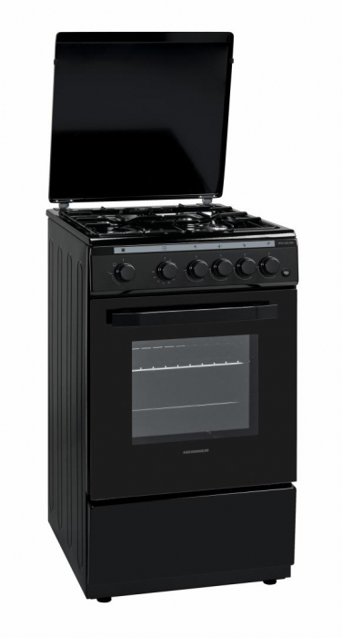 Aragaz cu cuptor pe gaz, 4 ochiuri, 50cm, duze GPL incluse, lumina cuptor, aprindere electrica, negru, Heinner [1]