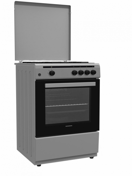 Aragaz cu cuptor pe gaz, 4 ochiuri, 60cm, duze GPL incluse, aprindere electrica, argintiu, Heinner [1]