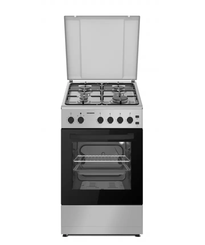 Aragaz Gaz, 4 arzatoare, Aprindere electrica, Timer, Grill, Lumina cuptor, Duze GPL (Argintiu), Heinner [1]