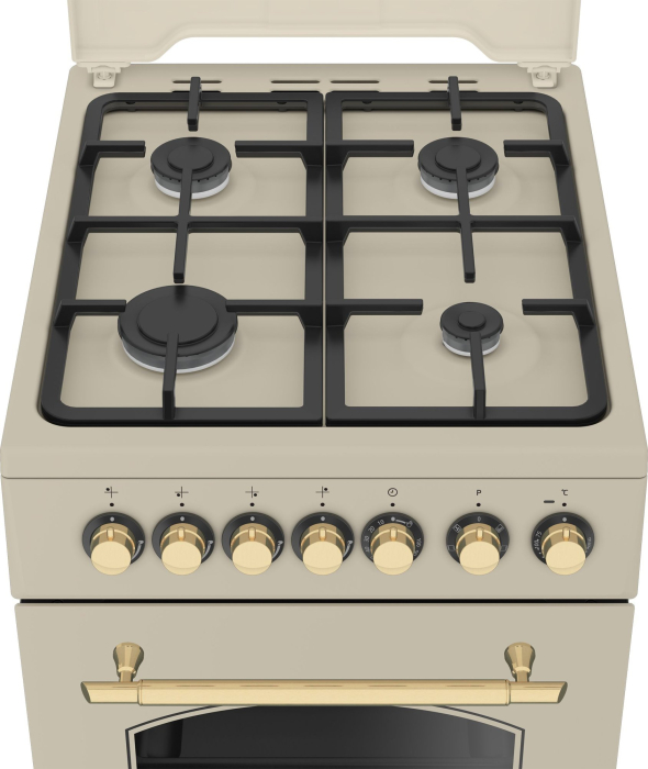 Aragaz rustic cu cuptor electric, 4 arzatoare gaz, gratare fonta, aprindere electrica, grill, lumina, timer, Beige, BEKO [4]