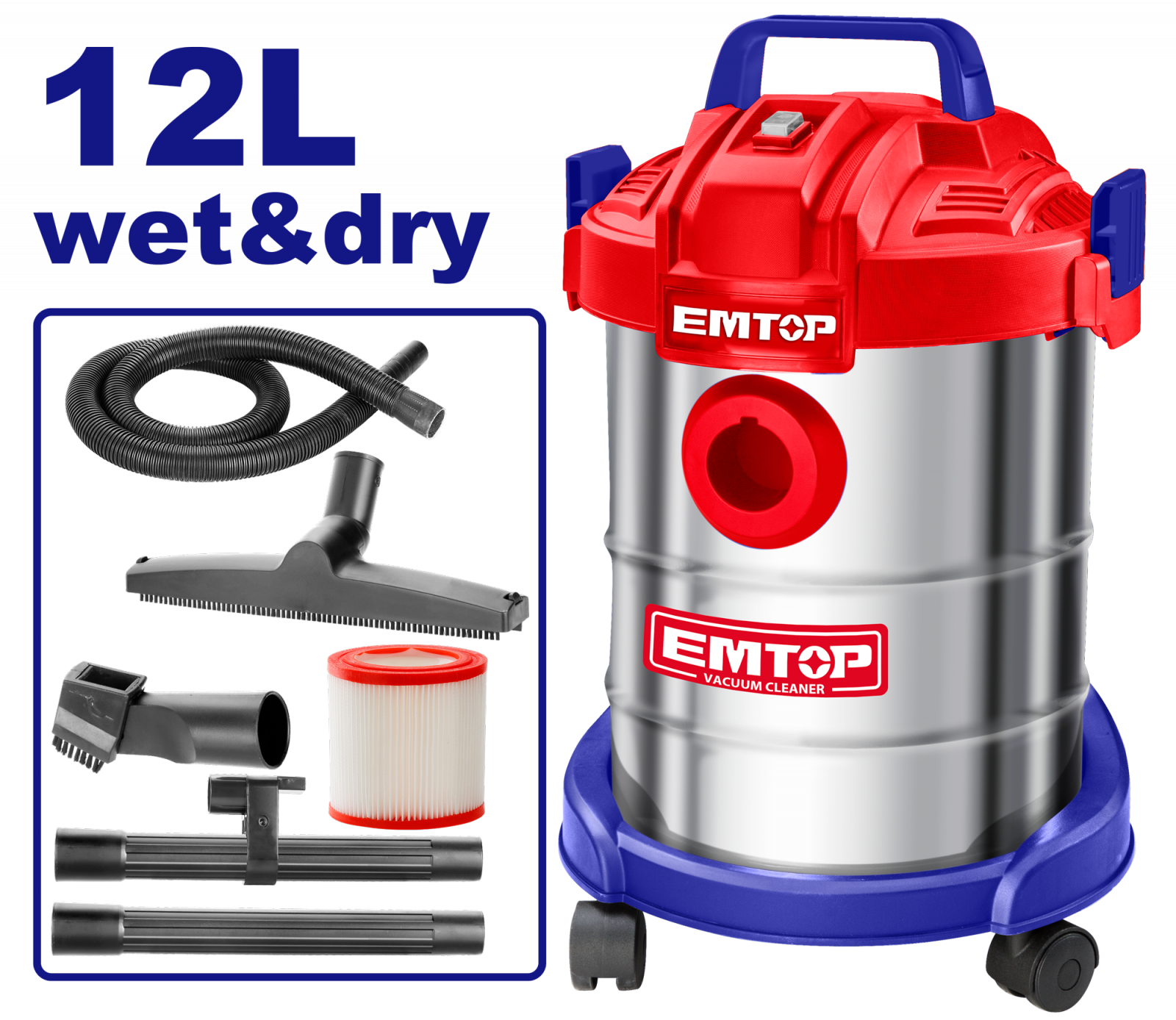 Aspirator fara sac, cuva metalica 12L, filtru HEPA, aspirare umeda-uscata, 220V, 800W, accesorii incluse, EMTOP [1]