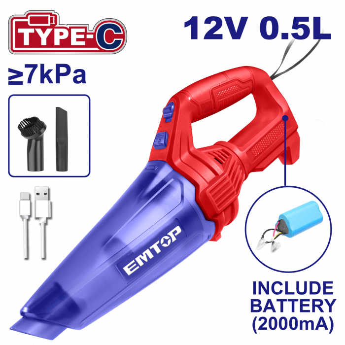 Aspirator portabil cu baterie, 2000mA, 12V, incarcare prin cablu tip C, EMTOP [1]