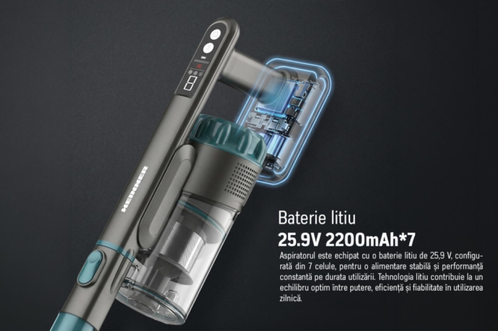 Aspirator vertical cu acumulator, LI-ION 25.9 V, recipient praf 0.5 L, 2 trepte de putere, HEINNER [9]
