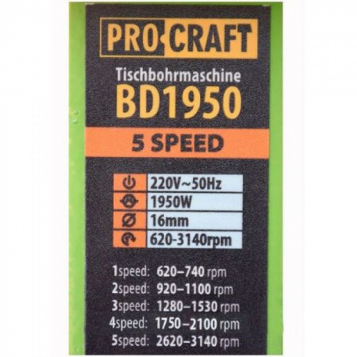Bormasina de banc fixa, cu coloana, 450W, 230V, 5 trepte, Procraft BD1950 [3]