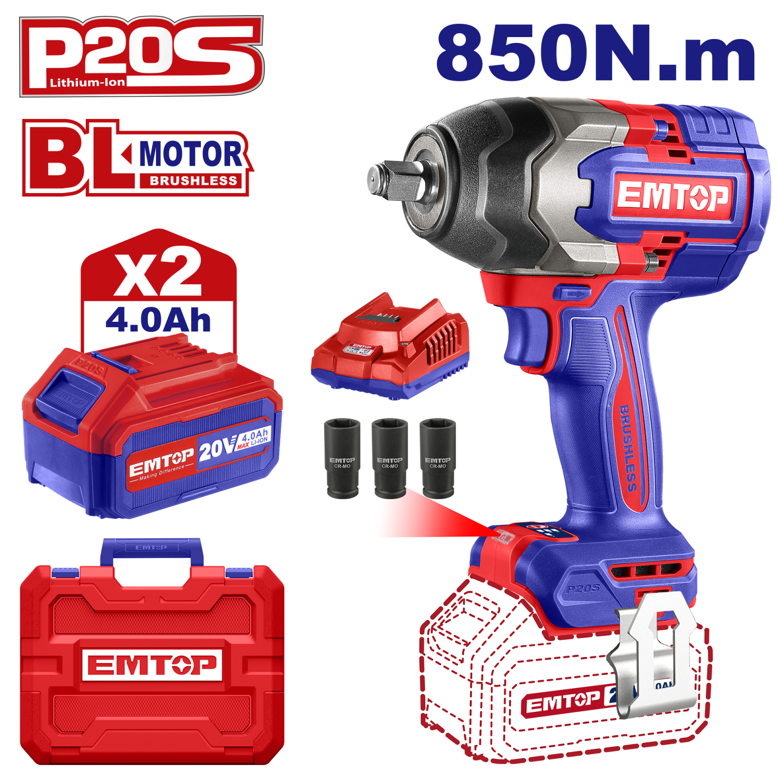 Bormasina de impact si insurubat, 2 acumulatori, 4.0AH, Li-ION, 850Nm, cutie de transport - ECiWL2085, EMTOP [2]