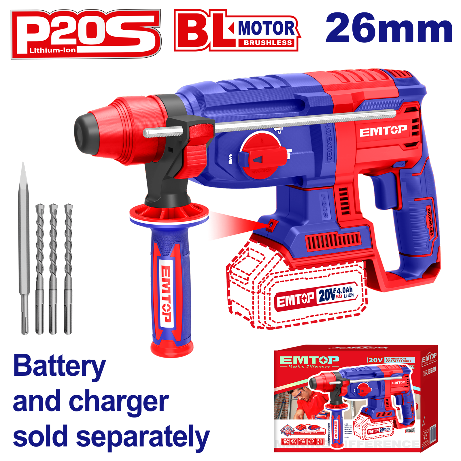 Ciocan rotopercutor, 26mm, 4 accesorii, fara acumulator si incarcator, ELRH20228, EMTOP [2]