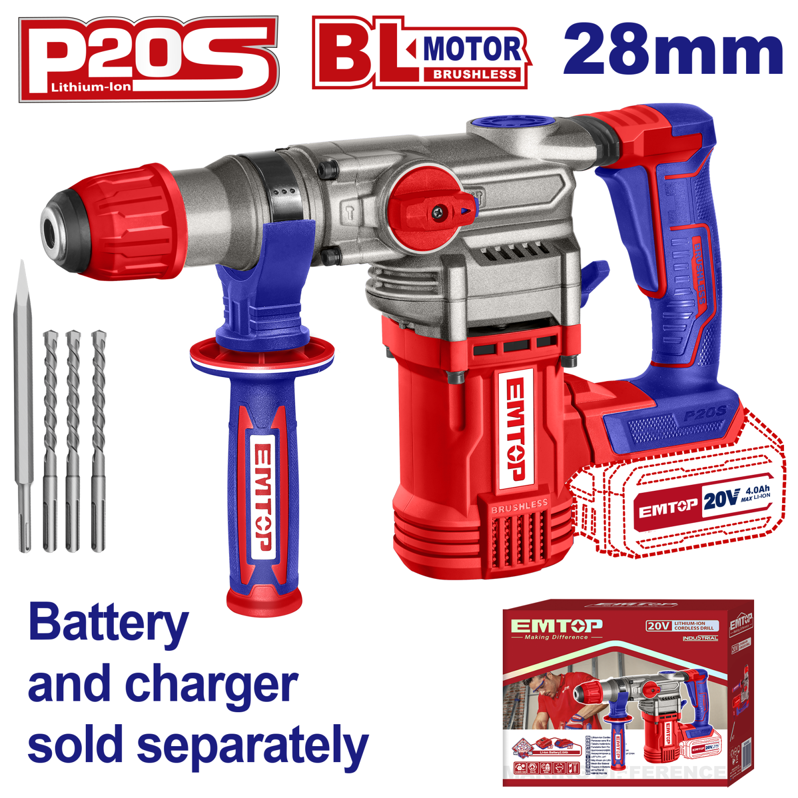 Ciocan rotopercutor, 28mm, 4 accesorii, SDS+, fara acumulator si incarcator, ELRH20288, EMTOP [2]