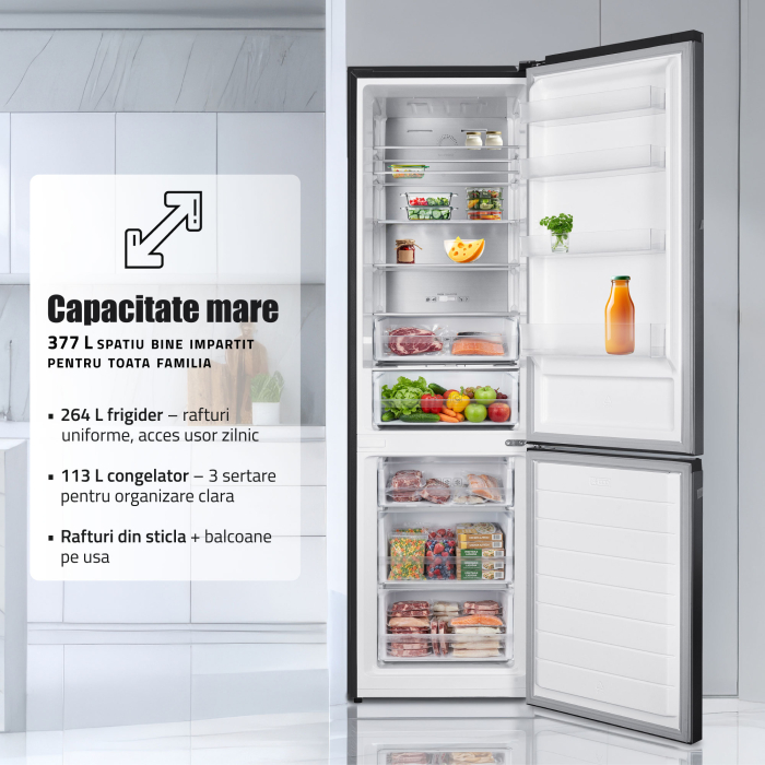 Combina frigorifica, 2 usi, capacitate 377 L, full No Frost, motor inverter, display, termostat, Inox, SAMUS [4]