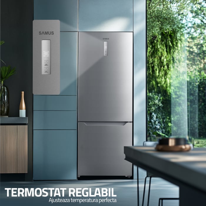 Combina frigorifica, 2 usi, capacitate 435 L, congelator, Full NO FROST, afisaj LED, touch control, usi reversibile, argintiu, Samus [12]