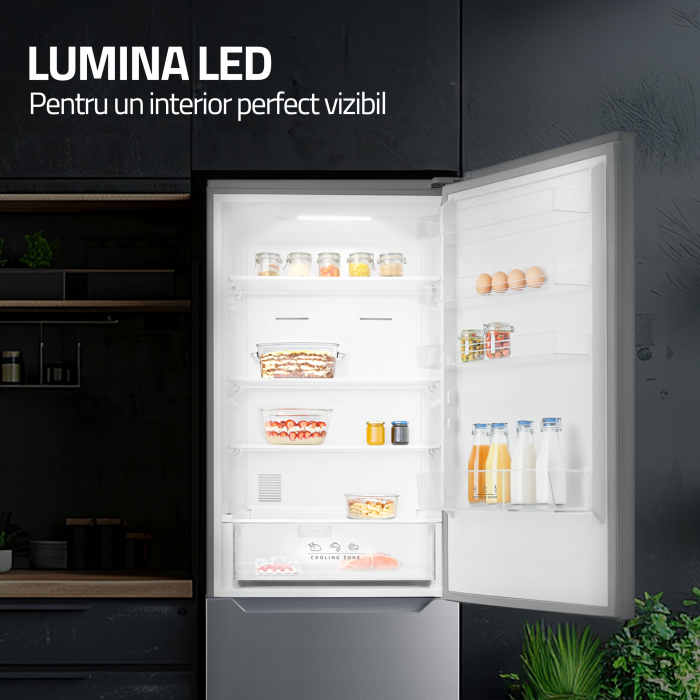 Combina frigorifica, 2 usi, capacitate 435 L, congelator, Full NO FROST, afisaj LED, touch control, usi reversibile, argintiu, Samus [14]