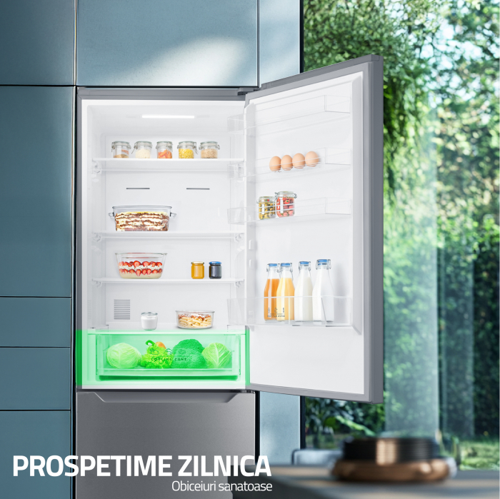 Combina frigorifica, 2 usi, capacitate 435 L, congelator, Full NO FROST, afisaj LED, touch control, usi reversibile, argintiu, Samus [13]