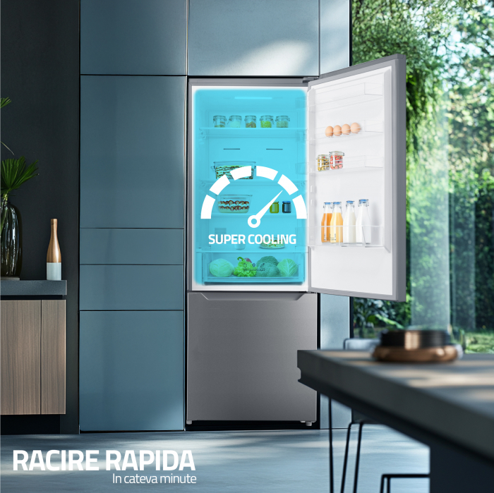 Combina frigorifica, 2 usi, capacitate 435 L, congelator, Full NO FROST, afisaj LED, touch control, usi reversibile, argintiu, Samus [6]