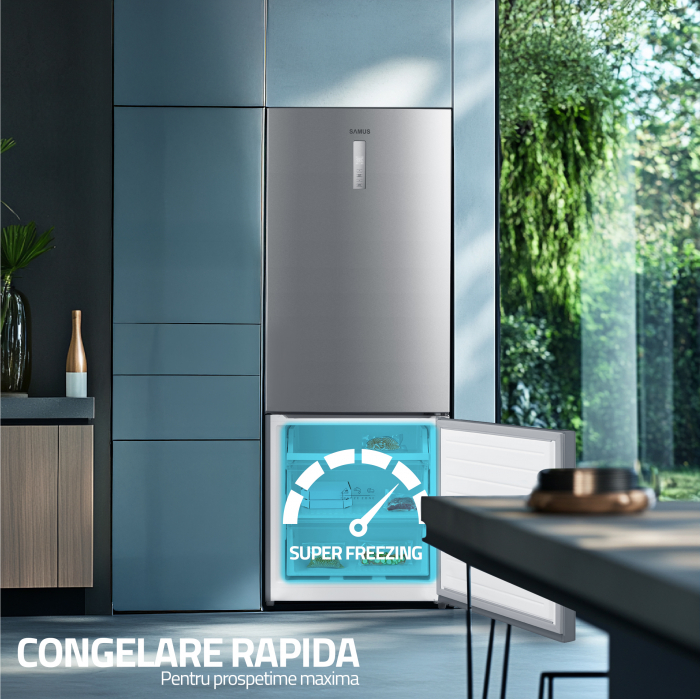 Combina frigorifica, 2 usi, capacitate 435 L, congelator, Full NO FROST, afisaj LED, touch control, usi reversibile, argintiu, Samus [7]
