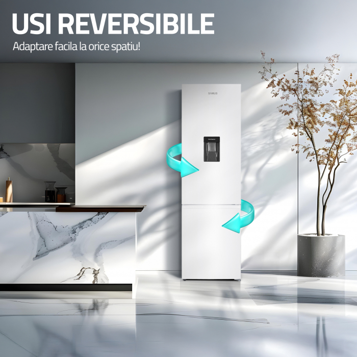 Combina frigorifica, 2 usi, congelator, Full NO FROST, capacitate 324 L, dozator de apa, LED, usi reversibile, Alb, SAMUS [12]
