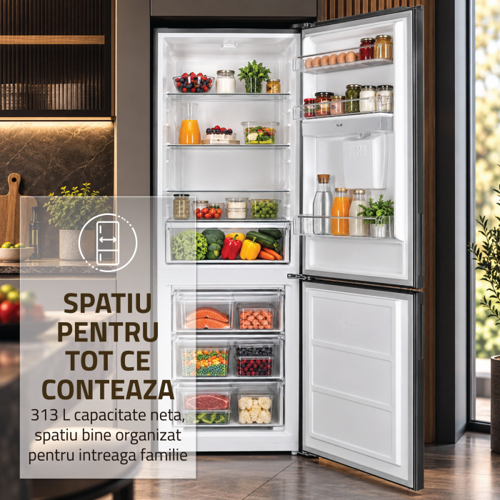 Combina frigorifica, capacitate 313 L, dozator de apa, motor inverter, NO FROST, termostat, dezghetare automata, H 186 cm, Inox, SAMUS [5]