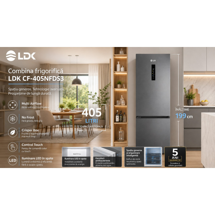 Combina frigorifica, capacitate 405 L, control touch,multi AirFlow, No Frost, lumina LED, H 199 cm, congelare rapida, Dark Inox, LDK [9]