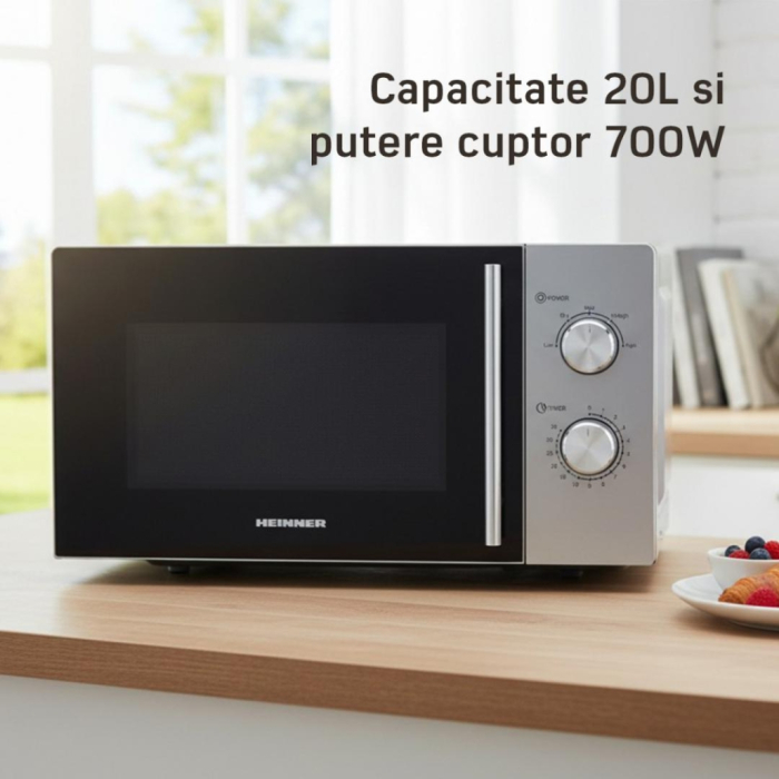 Cuptor cu microunde, putere 700W, capacitate 20 L, 5 trepte, timer, decongelare, Argintiu, HEINNER [3]