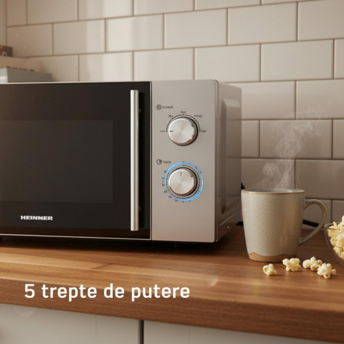 Cuptor cu microunde, putere 700W, capacitate 20 L, 5 trepte, timer, decongelare, Argintiu, HEINNER [4]