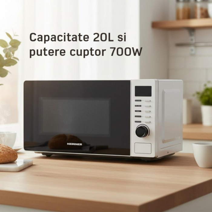 Cuptor cu microunde, putere 700W, capacitate 20 L, display digital, 5 trepte, 8 programe gatire, Alb, HEINNER [2]