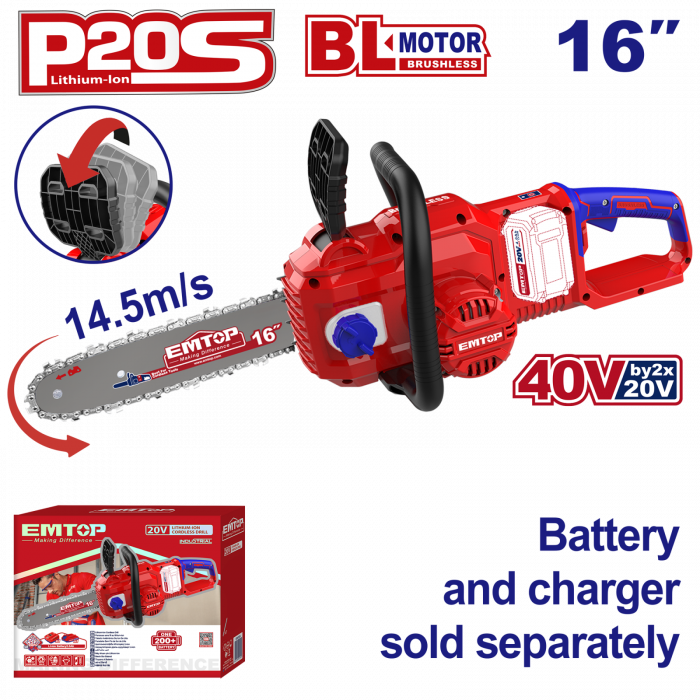 Drujba fara acumulator si incarcator, lama+lant 40cm, motor fara perii, ELGA40168 EMTOP [1]