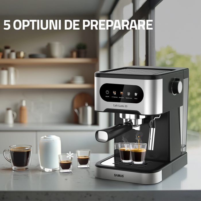 Espressor cafea, manual, cafea macinata, pompa presiune 20 bari, putere 1350W, spumare lapte, rezervor de apa 1.5L, 5 tipuri de bauturi, SAMUS [8]