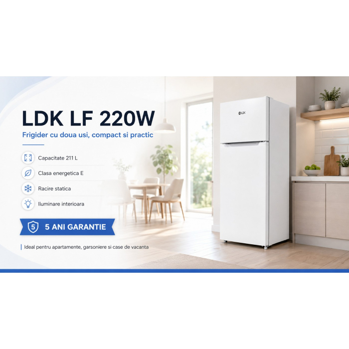 Frigider cu 2 usi, capacitate 211 L, rafturi sticla, lumina LED, H 144 cm, Alb, LDK [8]