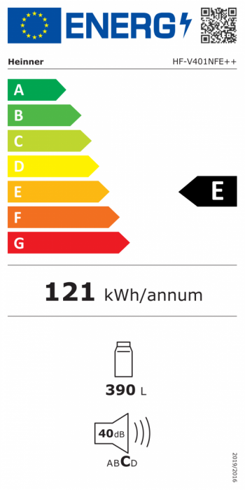 Frigider cu o usa, capacitate 389 L, No-Frost, LED, 4 rafturi, E++, alb, HEINNER [3]