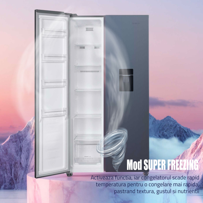 Frigider side by side, 2 usi, capacitate 439 L, dozator de apa, Full NO FROST, dual inverter, afisaj LED, INOX, SAMUS [9]