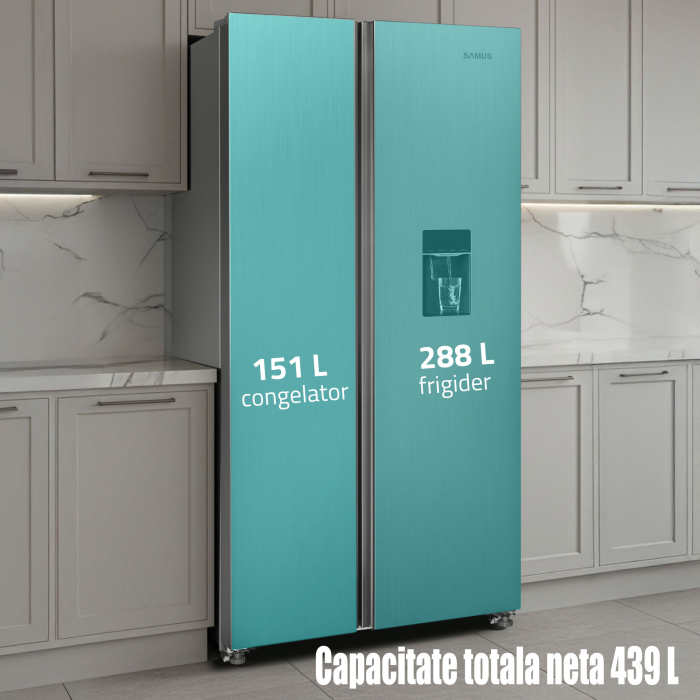 Frigider side by side, 2 usi, capacitate 439 L, dozator de apa, Full NO FROST, dual inverter, afisaj LED, INOX, SAMUS [10]