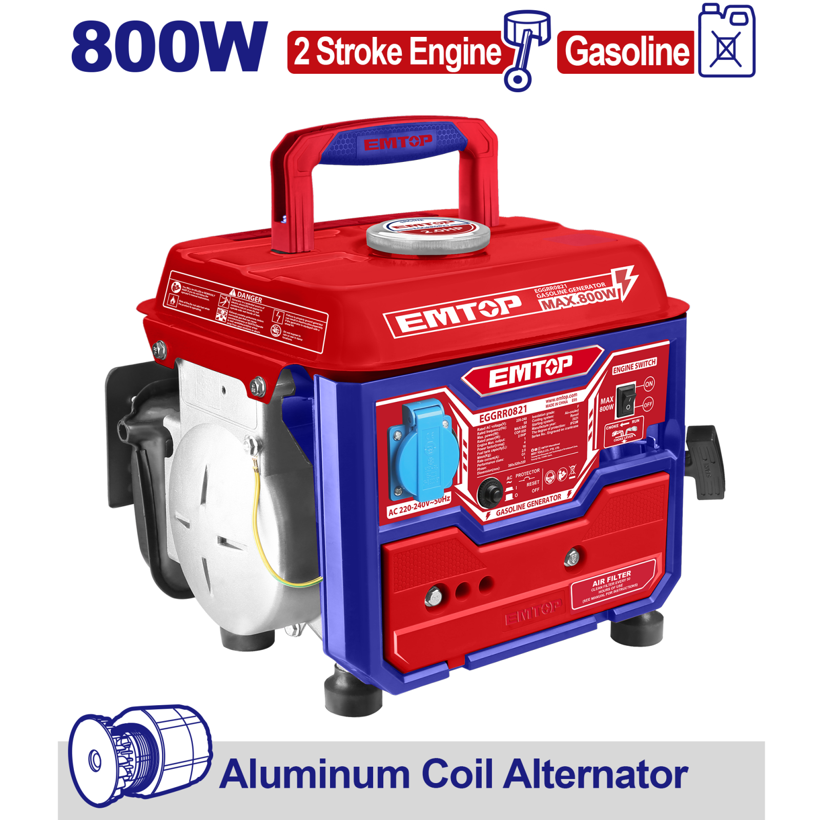 Generator pe benzina, 800W, 3000Rpm, motor 2 timpi, 1 priza, EMTOP [2]