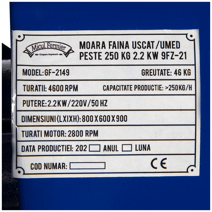 Moara electrica, cereale, faina uscat/umed, peste 250kg, 2.2KW, 9FZ-21, 2800Rpm, Micul Fermier GF-2149 [8]