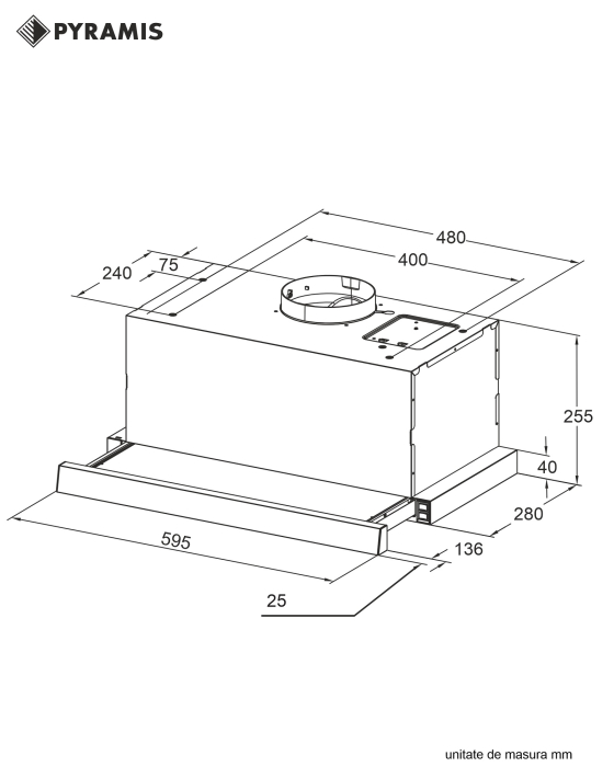 Hota telescopica, 1 motor, 3 viteze, absorbtie 573 m³/h, Turbo, latime 60 cm, touch control, sticla neagra, PYRAMIS [2]