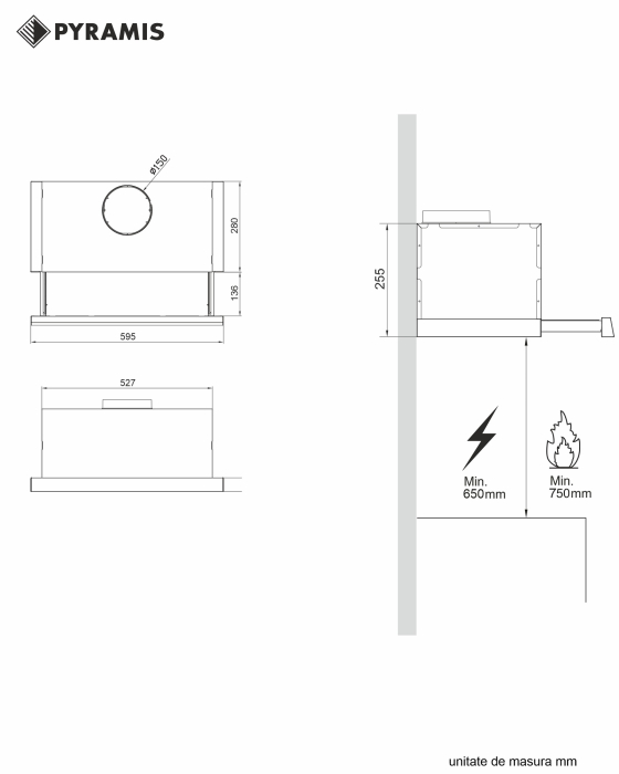 Hota telescopica, 1 motor, 3 viteze, absorbtie 573 m³/h, turbo, telecomanda, timer, latime 60 cm, sticla neagra, PYRAMIS [3]
