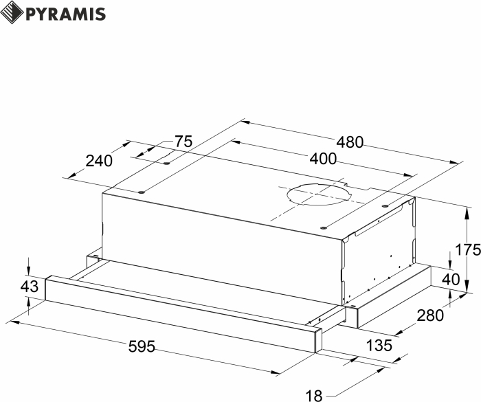 Hota telescopica, 2 viteze, absorbtie 260 m³/h, 1 motor, latime 60 cm, negru, PYRAMIS [3]