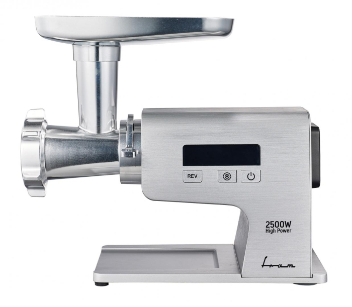 Mașină de Tocat Carne FRAM FMG-MDT2500X, 2500 W, Motor DC, 2 kg/min, Display LCD, Reverse, 2 Site Inox, Accesoriu Roșii, Cârnați și Kibbe, Argintiu. [2]