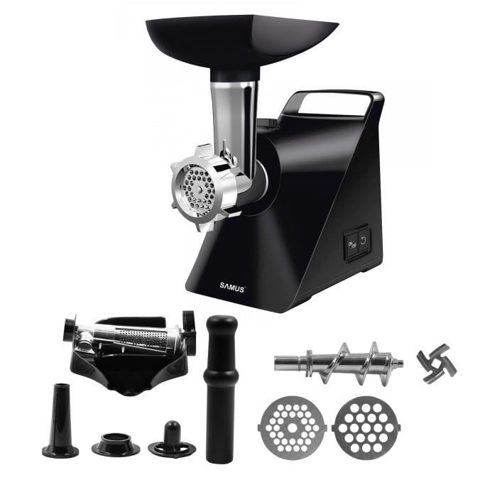 Masina de tocat carne, putere 1200W, 2 site, reverse, accesorii rosii, carnati, cutit inox, Negru, SAMUS [1]