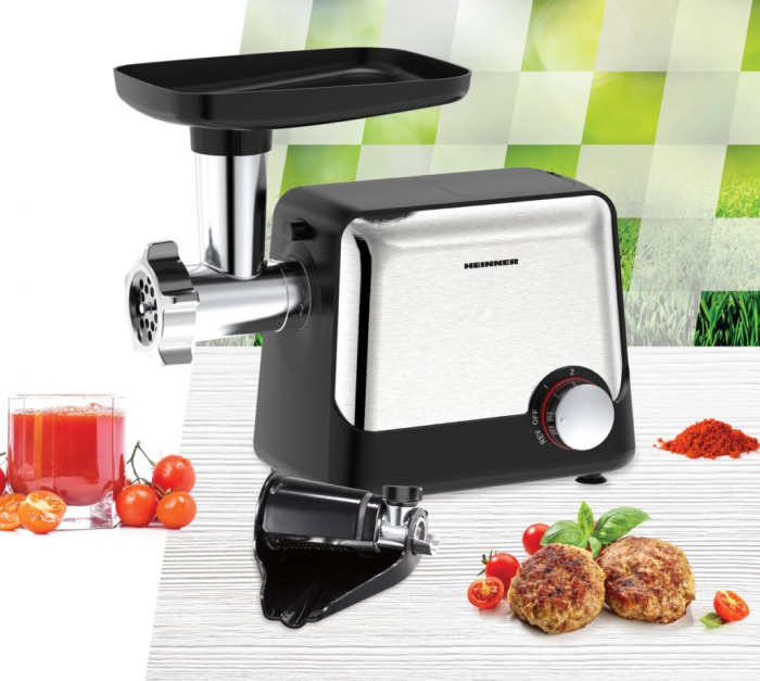 Masina de tocat carne, putere 2100 W, accesoriu pt rosii, carnati, cutit inox, 3 site, functie reverse, HEINNER [6]