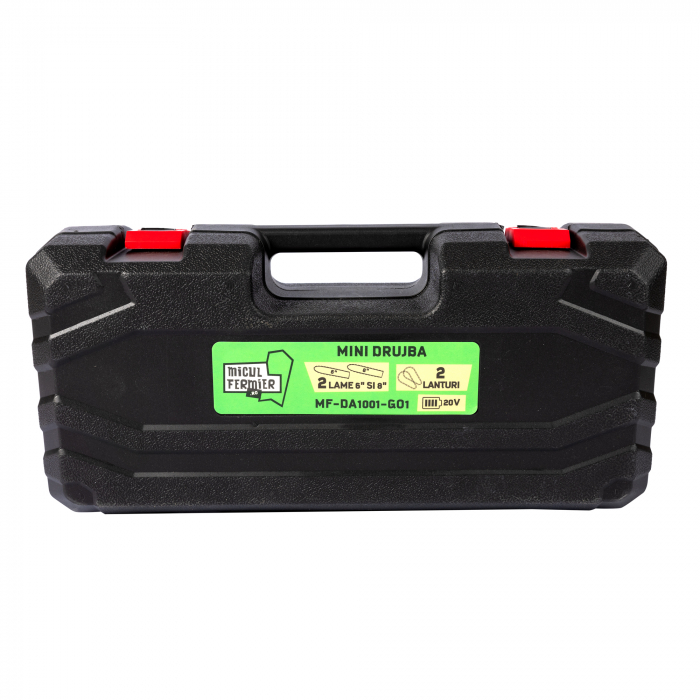 Mini drujba cu acumulator, 20V, 1.5 Ah, 2 lame + 2 lanturi, 15 si 20 cm, cutie transport, pompita ulei, Micul Fermier [12]