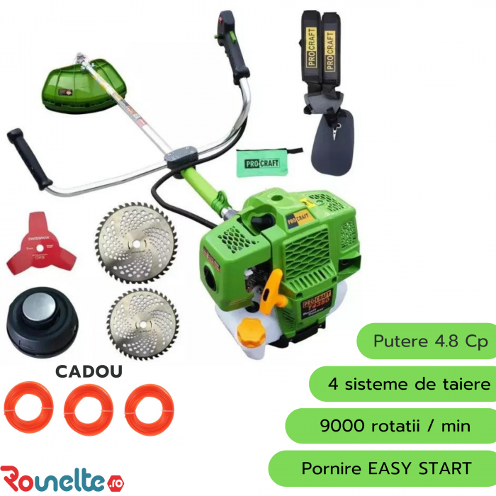 Motocoasa pe benzina, PROCRAFT Germany T4350, 4.8CP, 51.7CC + 4 sisteme de taiere, 2 timpi, Model 2024 [3]