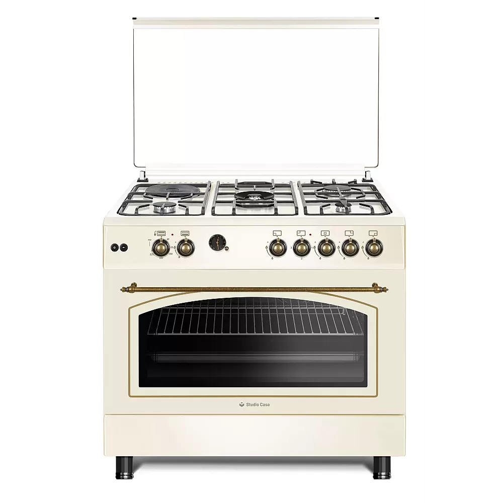 Pachet Aragaz cu cuptor pe gaz, grill, rotisor, gratare fonta, 90 cm, 4+1 ( 1 electric ), Hota decorativa, 90 cm, 2 motoare, 645 m3/h, Beige Rustic, Studio Casa [2]