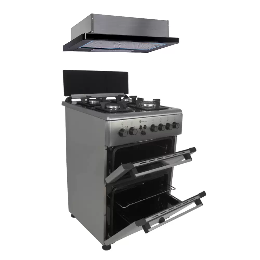 Pachet Aragaz multifunctional, cuptor electric+cuptor gaz, ventilatie, aprindere electrica + Hota telescopica, 60 cm, sticla neagra, Studio Casa Lean Duetto [1]