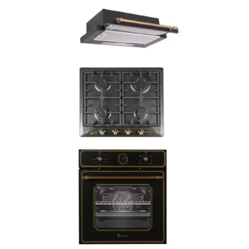 Pachet incorporabil, Cuptor electric, 6 functii, 52 L, ventilatie, clasa A, Plita pe gaz, 4 arzatoare, aprindere electrica, Hota rustica telescopica, 60cm, 2 motoare, Studio Casa Toscana Retro Black [1]
