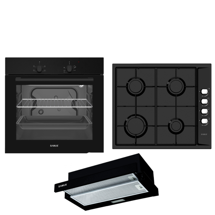 Pachet incorporabil, Cuptor electric, 62 litri, 4 functii, putere 2200 W, grill, clasa A, Plita incorporabila, 4 arzatoare, 58 cm, Hota telescopica, 60 cm, absorbtie 300 m3/h, SAMUS [1]