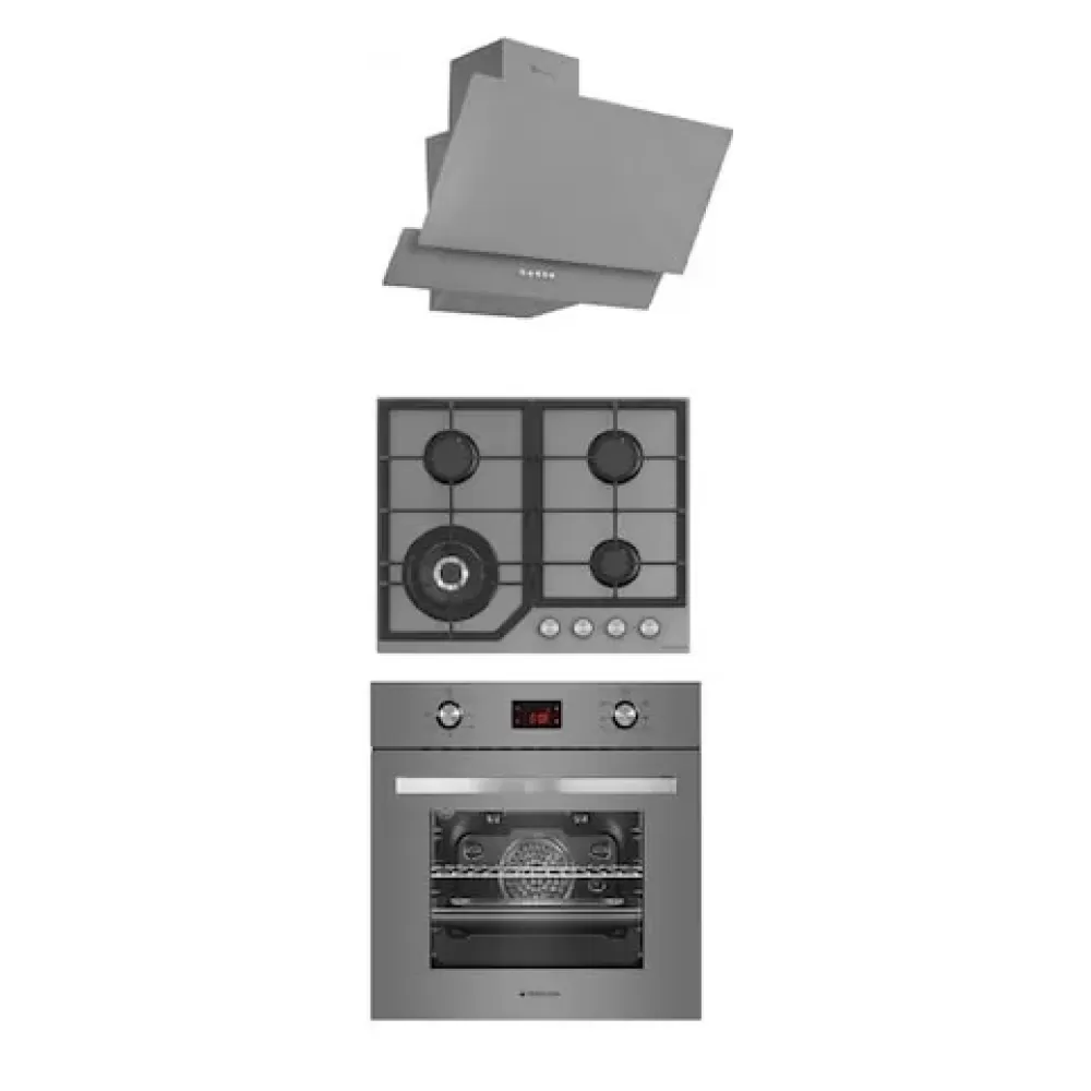 Pachet incorporabil, Cuptor electric 73L, grill, ventilatie, 8 programe, Plita sticla Gri, 4 arzatoare, gratare fonta, Hota decorativa sticla, Gri, 60 cm, Studio Casa Terza Modern Parma Glass Grey [1]
