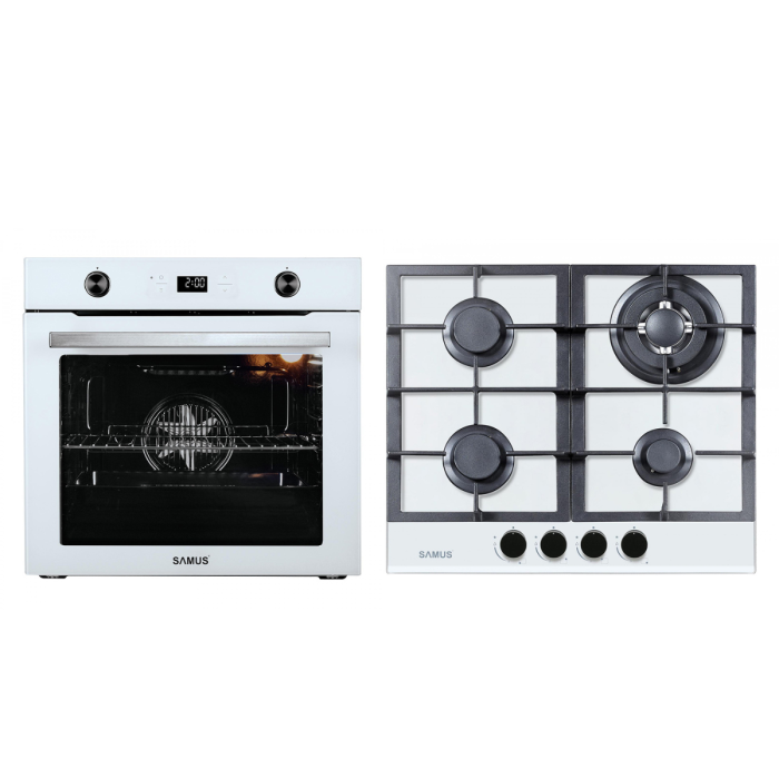 Pachet incorporabil, Cuptor electric, 75 litri, putere 2800 W, 9 functii, convectie 3D, grill, Plita incorporabila sticla, 4 arzatoare, 58 cm, Alb, SAMUS [1]