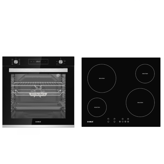 Pachet incorporabil, Cuptor electric, 80 litri, 8 functii, convectie 3D, putere 2500 W, ventilator, grill, timer, clasa A, Plita incorporabila cu inductie, 4 zone de gatit, 60 cm, 9 trepte, SAMUS [1]