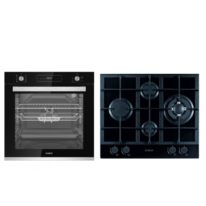 Pachet incorporabil, Cuptor electric, 80 litri, 8 functii, convectie 3D, putere 2500 W, ventilator, grill, timer, clasa A, Plita sticla, 4 arzatoare, gratare fonta, aprindere electrica, SAMUS [1]